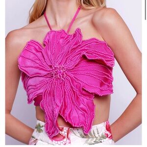 BNWT PatBo Magenta Pink Hand Beaded Flower Top $725 XS